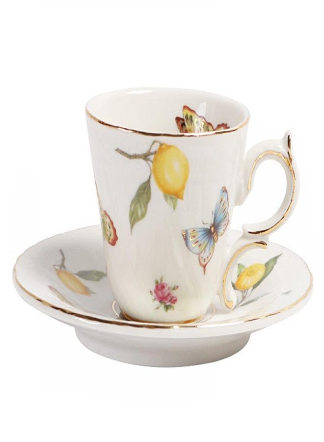 Sizikato Porcelain Cup and Saucer Set with Gold Trim, 3 Oz Mini Teacup Espresso Cup, Lemon and Butterfly Pattern - Image 1